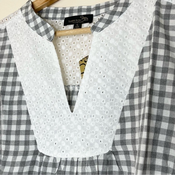 New Suzanne Betro Gray Gingham Lace Bib Peasant Top US XL - Picture 7 of 9
